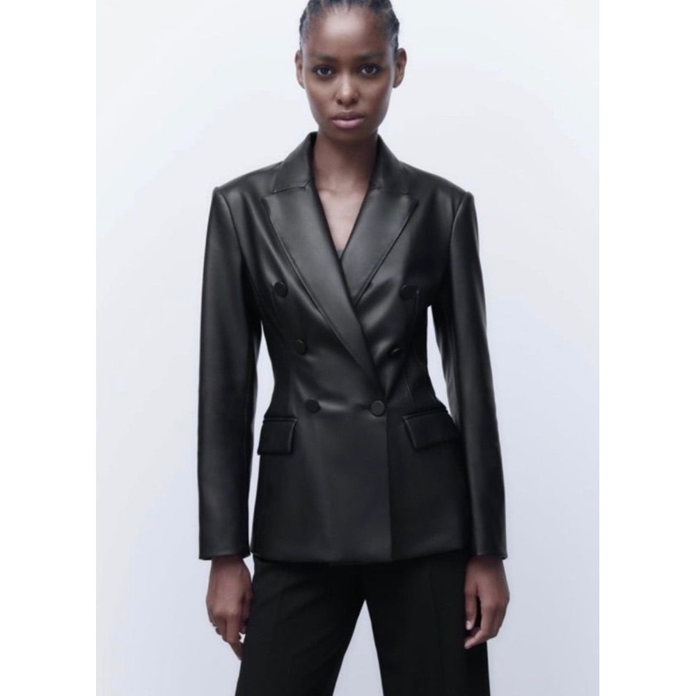 Zara Black Faux Leather Double Breasted Blazer Jacket Lined Sz XL